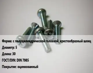 Винт с полуцилиндрической головкой, крестообразный шлиц 5х30 DIN 7985 оцинкованный